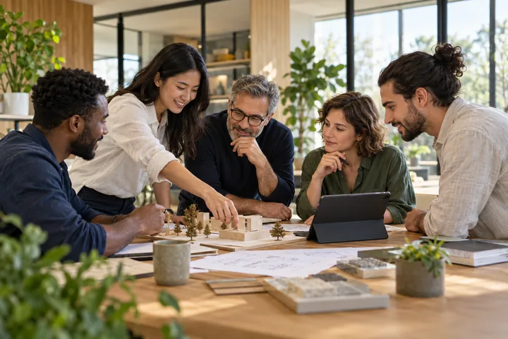 A workplace team collaborating around a shared idea